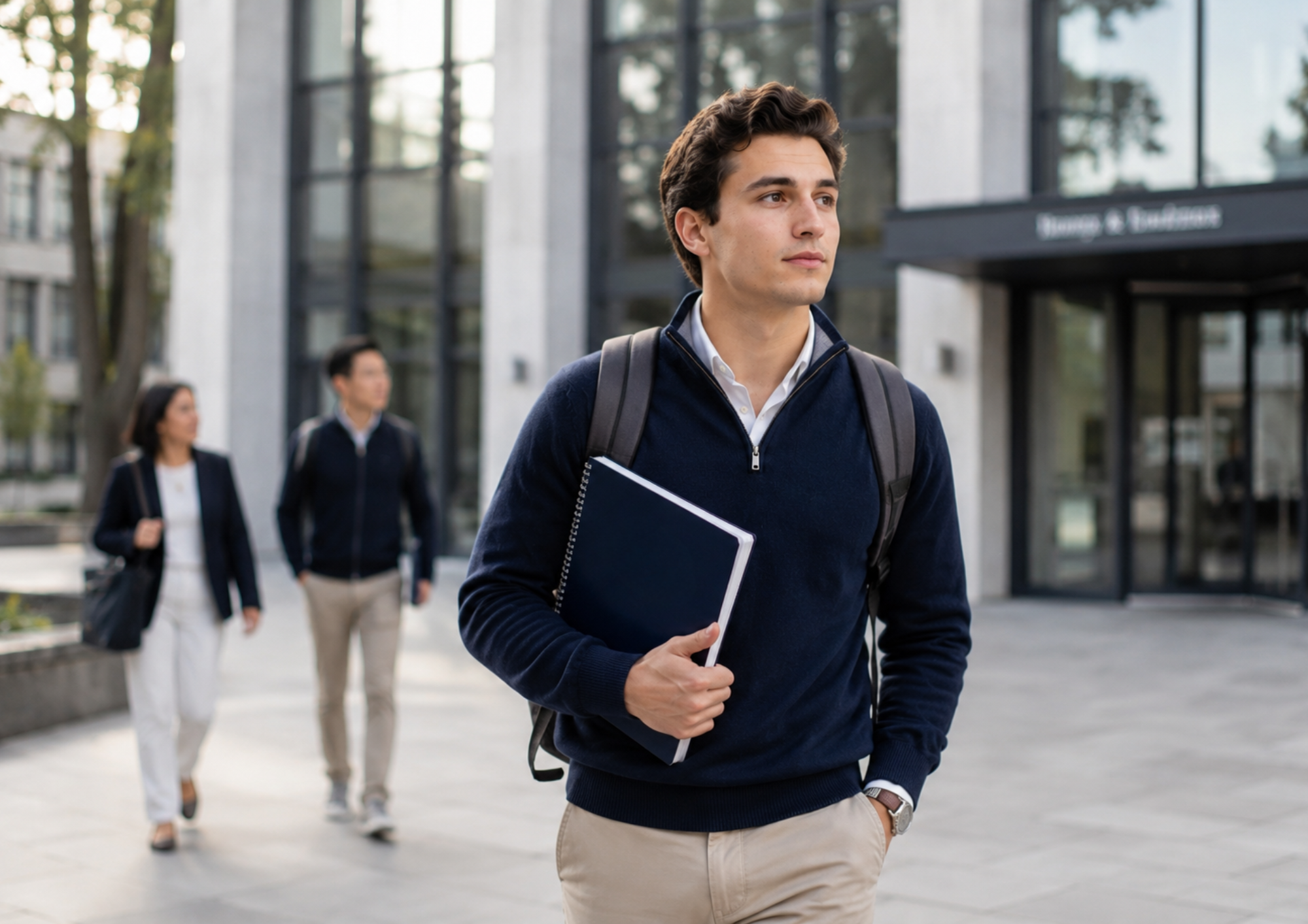 A confident college student walking across a university campus