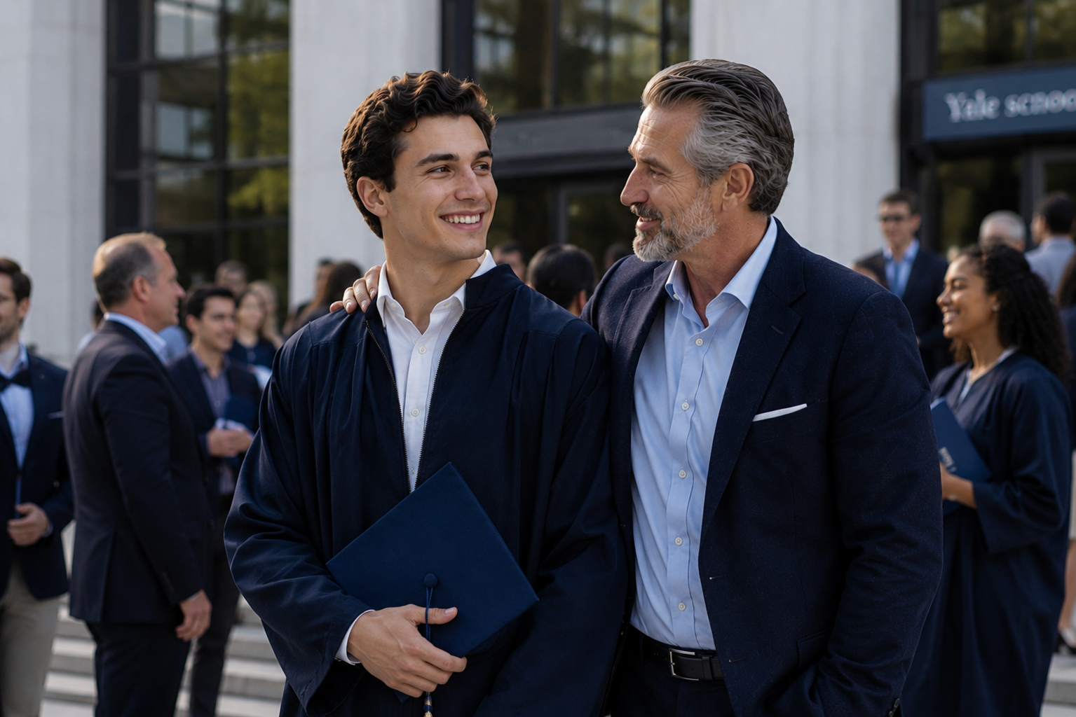 A graduate celebrating with their mentor on graduation day